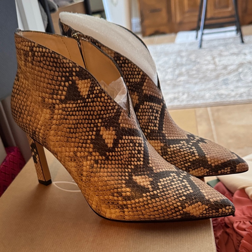 Vince Camuto Tan Snake Print Heeled Boots